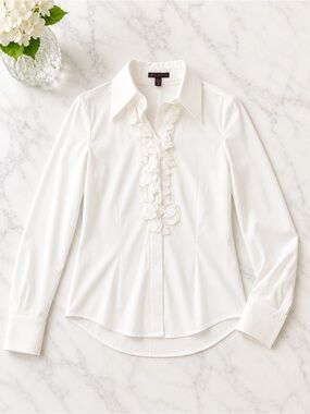 Burns White Ivory Ruffle Button-Front Blouse Size 4 Made in Hong Kong